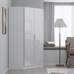 Reflect 2 Door Corner Wardrobe - White Gloss & Matt White - 2 Hanging Rails & 8 Shelves - Modern Design