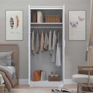 Reflect 2 Door Mirrored Wardrobe - White Gloss & Matt White - Hanging Rails & Shelves - Modern Sleek Design