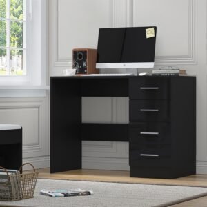 Reflect 4 Drawer Desk - Black Gloss & Black Oak - Modern Bedroom Storage for Vanity, Work or Study