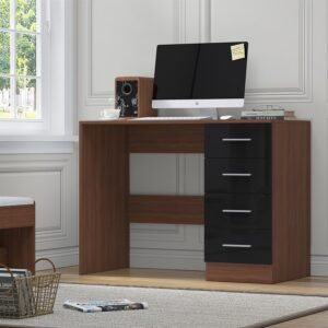 Reflect 4 Drawer Desk - Black Gloss & Walnut - Modern Bedroom Storage for Vanity, Work or Study