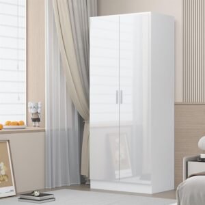 Reflect 2 Door Plain Wardrobe - White Gloss & Matt White - Hanging Rails & Shelves - Modern Sleek Design