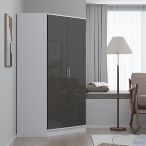 Reflect 2 Door Corner Wardrobe - Grey Gloss & Matt White - 2 Hanging Rails & 8 Shelves - Modern Design