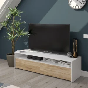 KIOTO 2 Door TV Unit in Oak & Satin White- Modern Media Cabinet with Storage